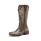 PAUVAODY Classic Womens Western Boots Mid Calf Block Heels Pull On Cowboy Booties Wide Calf Embroidery Western Riding Party Boots Grey Size 38