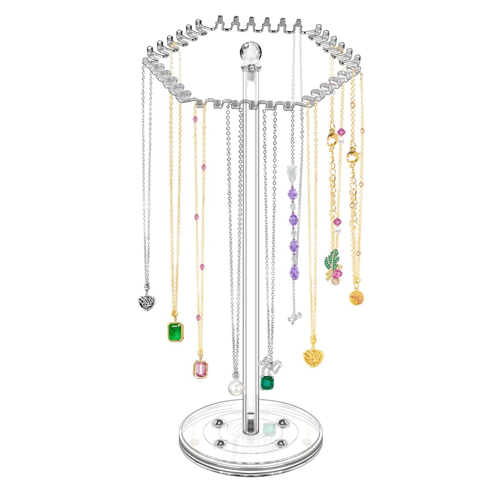 CTRLZS Acrylic Necklace Organizer Rotating Necklace Holder Hanger Clear Jewelry Organizer Display Stand with 36 Hooks