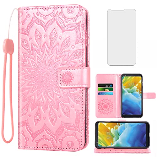 Phone Case for LG Stylo 4 Wallet Cases with Tempered Glass Screen Protector and Leather Slim Flip Cover Card Holder Stand Cell Accessories Stylo4 Plus LGstylo4 Sylo4 4+ Q Stylus Stlo4 Women Rose Gold