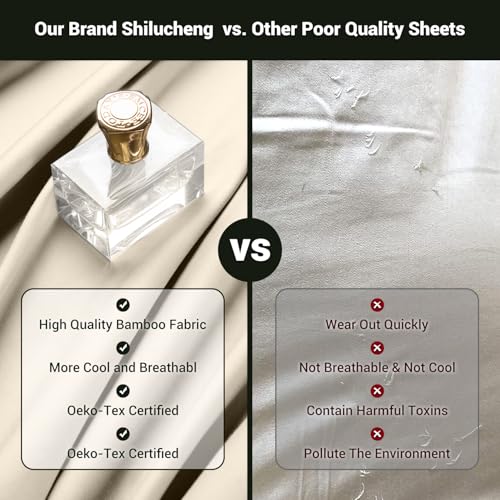 Image of Shilucheng 4 Piece King Sheet Sets, Cooling Sheets, Blend Rayon Derived from Bamboo, Deep Pocket Up to 16 inch, Breathable & Soft Bed Sheets, Hotel Silky Bedding Set, Sand