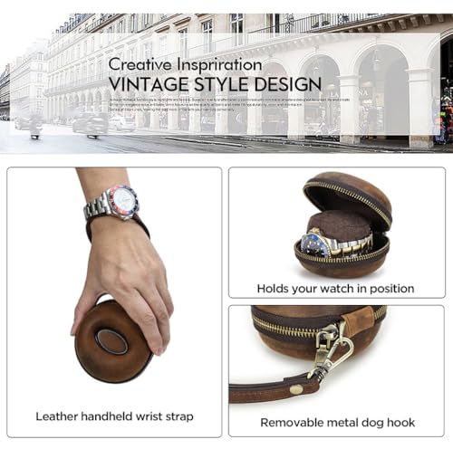 Image of CONTACT'S FAMILY Genuine Leather Watch Travel Case for Men Women Single Watch Box with Strap Travel Portable Watches Storage Organizer up to 54mm