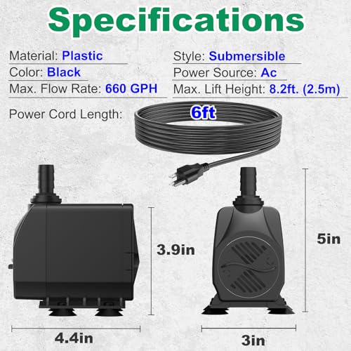 Image of Knifel Submersible Water Pump, Ultra Quiet 660GPH Fountain Pump | 8.2ft High Lift Over Heating Protection, Water Pump for Fish Tank, Pond, Aquarium, Hydroponics