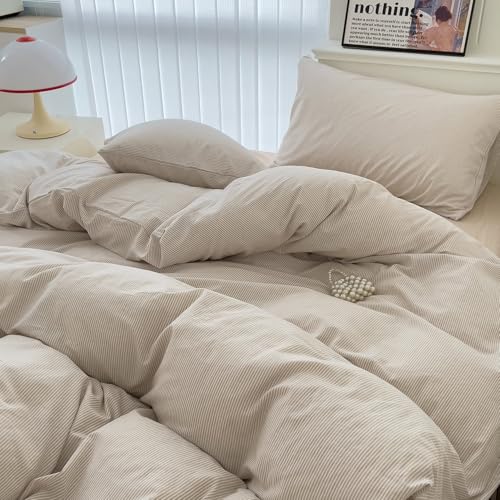Image of mixinni Tan Striped Duvet Cover Queen Size - 100% Washed Cotton Beige Pinstripe Comforter Cover with Zipper Closure, Lightweight & Breathable, 3 Pieces Minimalist Stripes Pattern Printed Bedding Set