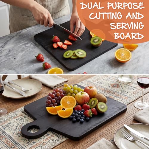 Image of 1 Pcs Acacia Wood Cutting Board with Handle 17 x 13'' Rectangular Charcuterie Chopping Board for Pizza Cheese Meat Decorative Black Wooden Serving Tray for Kitchen and Dining Room