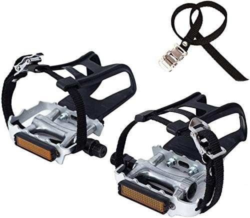 NEWSTY Bike Pedals with Clips and Straps for Outdoor Cycling and Indoor Stationary Bike 9/16-Inch Spindle Resin/Alloy Bicycle Pedals Silver