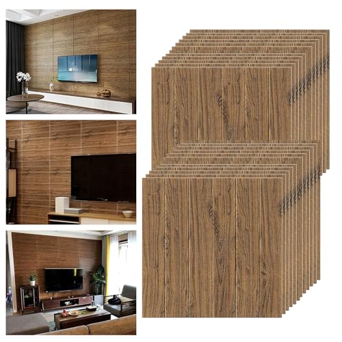 Image of SMEF 3D Foam Wallpaper Wall Panels Self-Adhesive Waterproof PE Foam, Ceiling Wallpaper for Bedroom Furniture, 57.5 Sq.Ft Peel and Stick - 70 x 70 cm (Dark Wooden, Pack of 05)