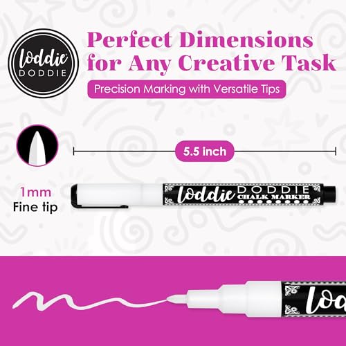 Image of Loddie Doddie Liquid Chalk Markers for Chalkboard - 5 Pack, 1 mm Point, White - Erasable & Low-Odor Non-Toxic Ink - Chalk Pen & Window Markers for Glass