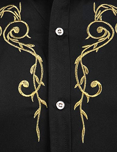 Zeroyaa Mens Hipster Design Golden Floral Embroidery Slim Fit Long Sleeve Mandarin Collar Shirts Tops Zzcl08 Black Medium #TOP2