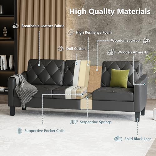 Image of 83 inch Black Faux Leather 3 Seater Couch, Mid Century Tufted Sofa Living Room | STHOUYN Office Couch, Tufted Design, High Resilience Foam, 700 lb Capacity, Easy Assembly, Waiting Room Area, Small Couches