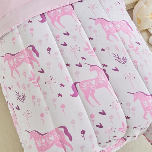 Image of Uniorn Toddler Bedding Set for Girls Light Pink Colorful Unicorn 4PC Toddler Bed Set - Soft Pink Flowers Cute Princess Toddler White Bed in a Bag with Pink Sheet Set and Pillow Shams