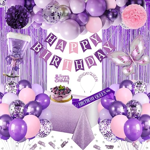 Purple Pink Birthday Decorations with Happy Birthday Banner Latex Confetti Balloons 3D Butterfly Fringe Curtain Tablecloth Sash Tiara Crown Pom Poms for Women Party Supplies