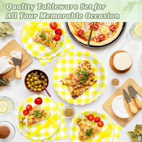 Image of 100 Pcs Yellow Gingham Paper Plates and Napkins Disposable Set for Party