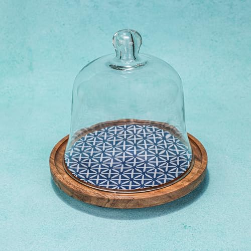 Image of Candy Cloud Acacia Wood Cake stand with Glass Dome | Multipurpose Dessert & Cupcake Display | Serving Cake Plate with Dome Lid | Pastry Stand
