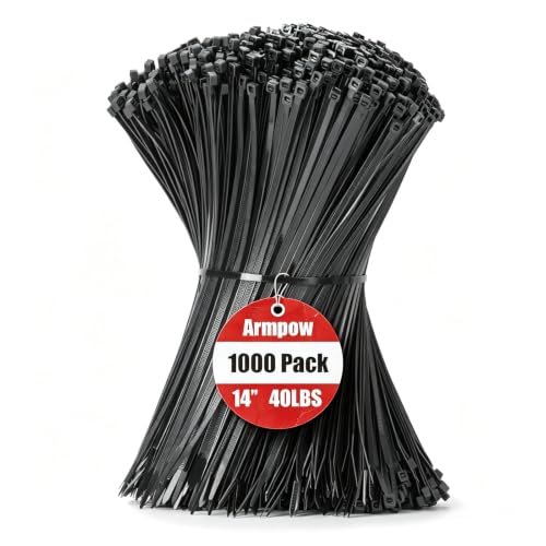 Image of Armpow 14 Inch Zip Ties Black 1000 PCS, 40 Lbs- Heavy Duty Tensile Strength, Nylon PA66 UV Resistant Cable Ties for Indoor and Outdoor Use - Ideal for object bundling and fastening