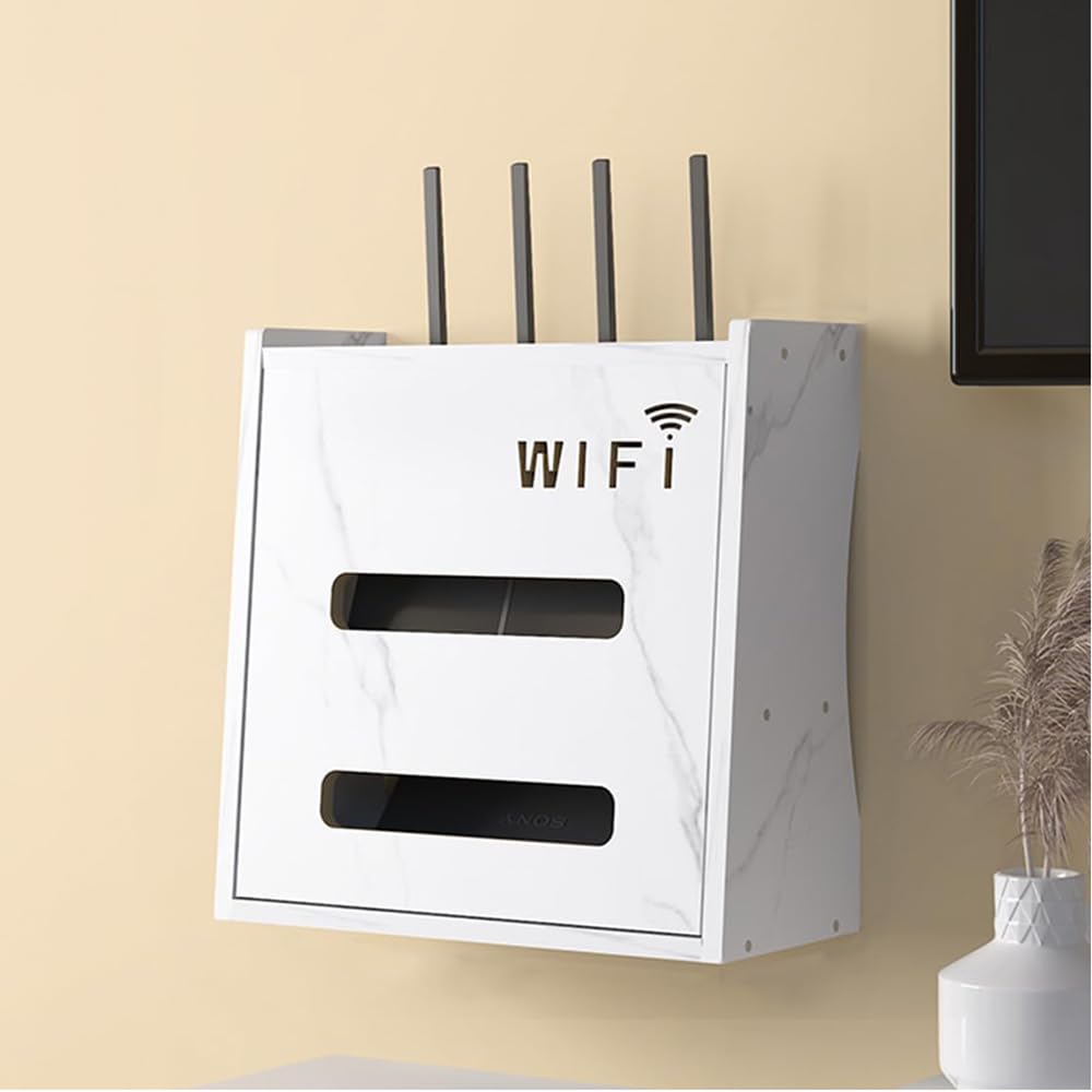 Cache Box, Boîte de Rangement pour Routeur WiFi, Support Mural/Bureau, Rangement Mural Box pour Cache par Faitement Le Boitier TV/Módem/Router/Cables(White)
