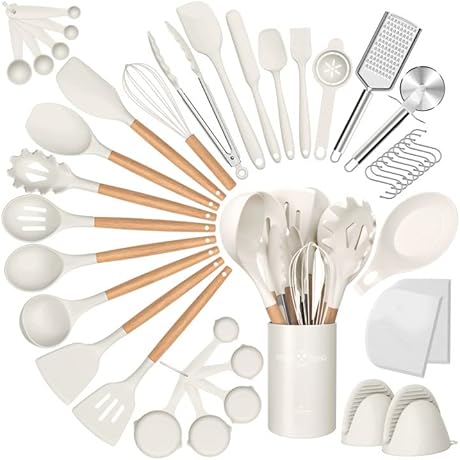 Silicone Cooking Utensils Set: 43 Non-Stick White Kitchen Gadgets