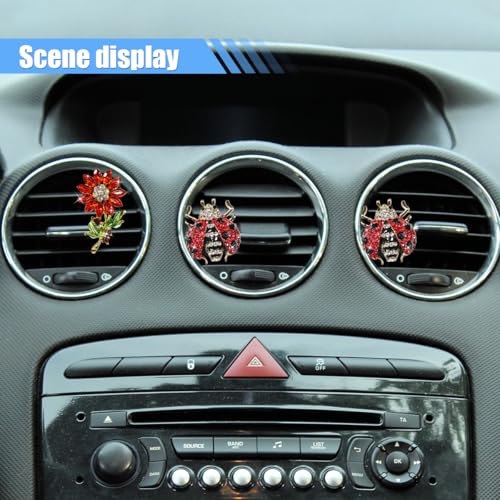 Image of 4PCS Bling Ladybug Flower Car Air Vent Clips, Crystal Rhinestone Car Vent Clip, Cute Air Conditioner Outlet Clip Charm, Car Interior Decorations for Women Girls (Red)