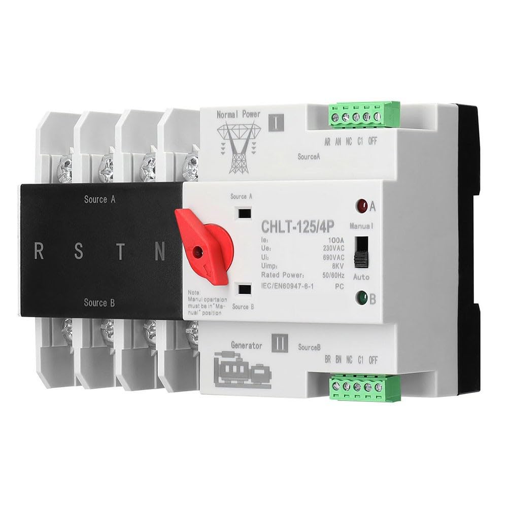 Interruttore automatico 4P, 230 V, 100 A, Dual Power Switch per scatole di distribuzione PZ30, manuale/automatico, alimentazione ininterrotta in millisecondi, per casa e ufficio, grigio