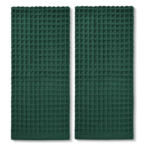 Jacquotha Waffle Hand Towels Set of 2 (Hunter-Green) Cotton Quick Dry Lint Free 13 x 29 Bathroom Decor & Kitchen Towels