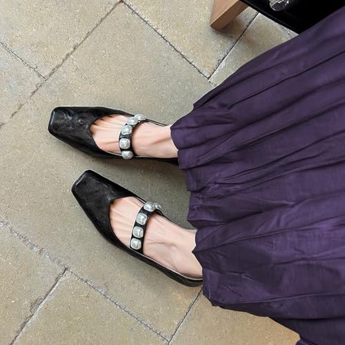 XIEDA Women's Genuine Leather Low Chunky Heel Pumps with Pearl Square Toe Dress Shoes4