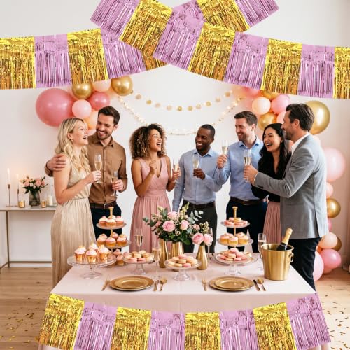 Image of BEISHIDA 3 Pack Pink Gold Foil Fringe Garland 30ft Wall Tinsel Banner