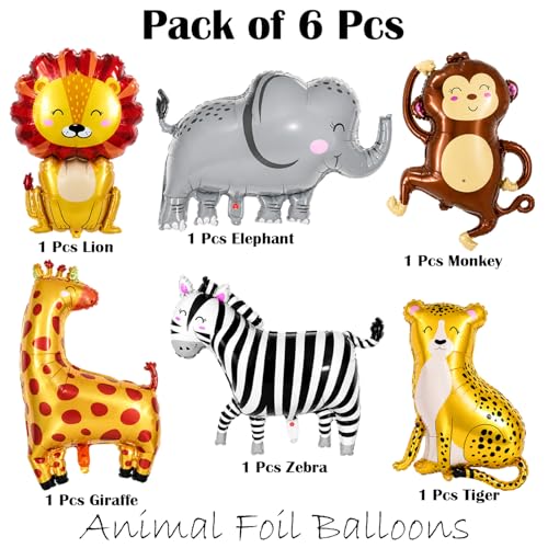 Image of Rozi Decoration Safari Animal Foil Balloons Set for Birthday Decoration, Pack of 6 Jungle Theme Helium Balloons with Lion Elephant Monkey Zebra Giraffe Tiger Design for Kids Baby Shower Party Supplies