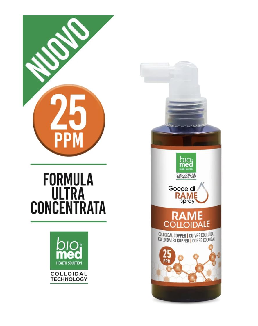 Rame colloidale sublinguale ultraconcentrato. SPRAY di nuova generazione Integratore colloidale attivo. Ogni flacone contiene 100 ml. 25 ppm, concentrazione di principio attivo PIÙ ALTA sul mercato.