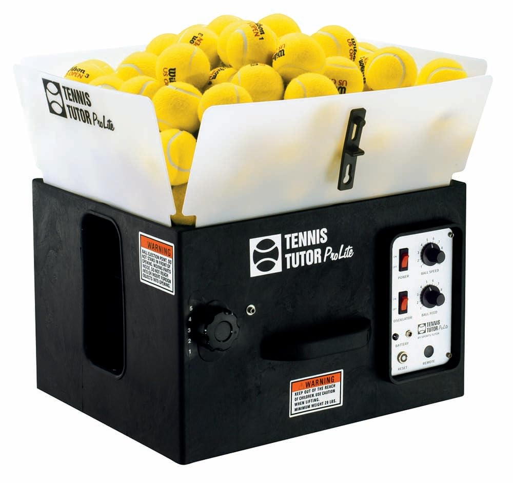 Tennis Tutor Prolite with Built-in Oscillator and Remote. Made in USA by #1 Tennis Machine Company.