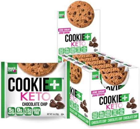 Bake City Cookie Plus Keto | 1oz Chocolate Chip Cookies (12 pack), Gluten Free, 0g Sugar, Only 1.5g Net Carbs, Good Fats, 5g Protein, Kosher, No Artificial Flavors