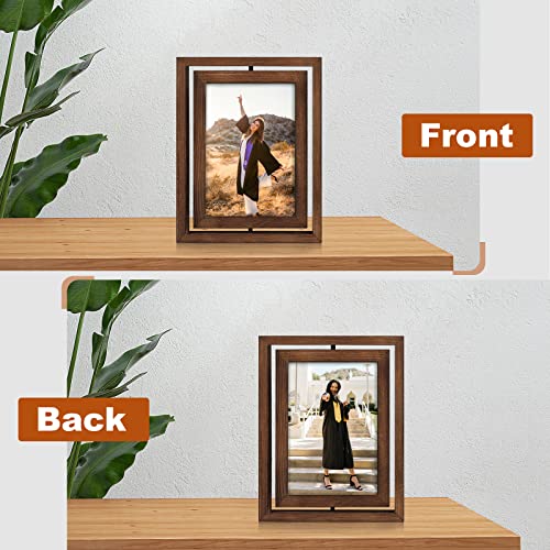 Egofine 2 Pack 5X7 Rotating Floating Picture Frames,Double-Sided Display With Hd Glass Front Wooden Distressed Frame For Vertical Or Horizontal Tabletop Display, Carbonization #TOP3