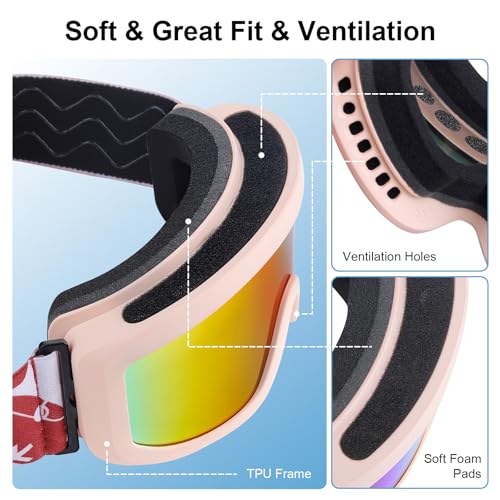 YooxArmor Gafas de Esquí Niños OTG,Anti Niebla 100% Protección UV 400 Máscara Gafas Esquí para Niñas de 6 a 12 Años para Esquí,Snowboard y Otros Deportes de Invierno Compatible con Casco - imagen 5