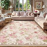 Lahome Vintage Floral 8x10 Area Rugs,Soft Living Room Rugs Boho Large Area Rug Machine Washable, Low Pile Pink Rugs for Bedroom Girls Carpet for Nursery Rug Playroom Dining Room(8'X10',Beige)