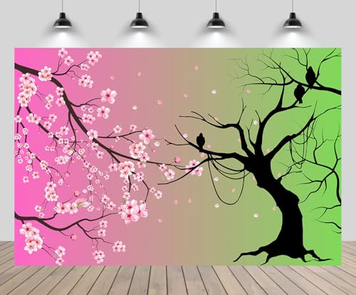 Toile de fond rose et verte 2,1x1,5m fleurs de cerisier et arbres morts pour anniversaire