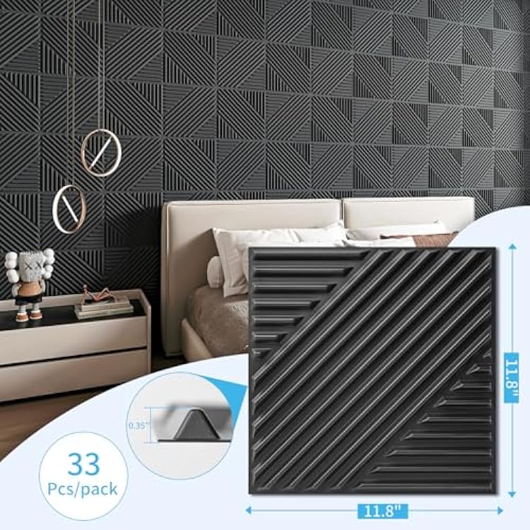 Art3d 33-Pack 3D Wall Panels for Interior Wall Decor, Textured Accent Wall Paneling for Living Room, Bedroom, TV Wall Background, 12x12 Black