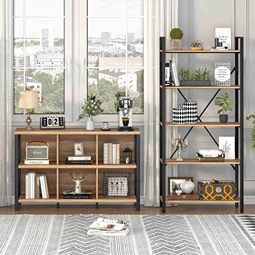 Fatorri 6 Cube Storage Organizer With Shelf, Long Wood And Metal Cubby Bookcase, Industrial Horizontal Bookshelf (Rustic Oak, 47 Inch) #TOP6
