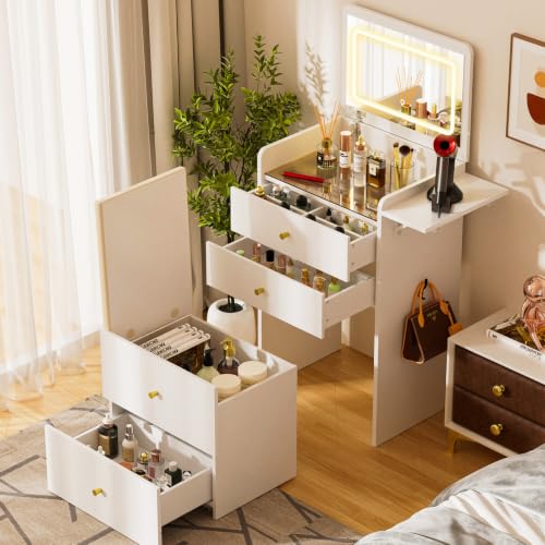 Image of COMHOMA Makeup Vanity Desk with Mirror and Lights, Small 3 in 1 Vanity Table with Visible Glass Top, Flip Top & 3 Drawers, Compact Dressing with Storage Stool for Room or Office