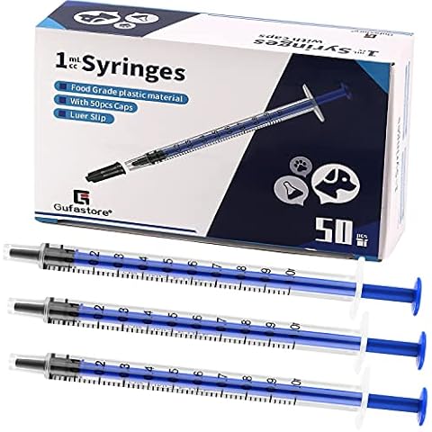 50 Pack 1ml Blue Plastic Syringes with Caps for Science Labs, Liquid Measuring, Watering, Refilling, Oral,Pet Cover