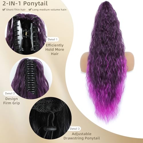 Image of Claw Clip Ponytail Extension 26In Long Wavy Curly Hair,Ombre Purple