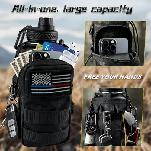 Image of 32 oz Insulated Water Bottle Stainless Steel with Sleeve - Military Metal Water Jug, For Gym Workout Hiking, Camo Black Water Bottles Pouch