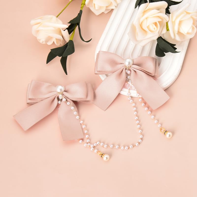 Hair Bow Accessories for Girls Women Pink Hair Bow with Pearls Tassel Ribbon Bow Hair Clips Small Silk Hair Bows for Women Bow Decor Hair Clip Satin Bowknot Hair Clips Head Clips for Women's Hair image 3