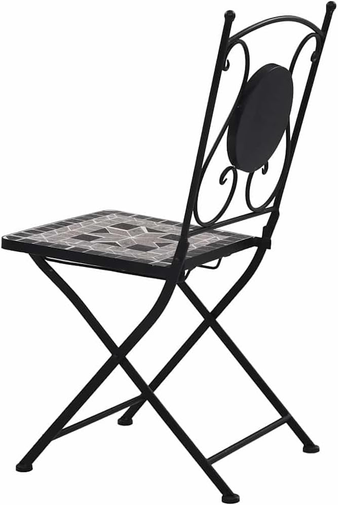 Garden Chair Set of 2 Grey Powder-Coated Steel and Ceramic,Elegant Folding Bistro Chairs for Outdoor, Modern Design with Storage Function, Garden and Patio Outdoor Furniture
