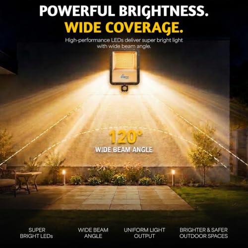 Image of Forus 100W LED Flood Light Amber with Motion Sensor Auto On Off Day Night Mode Waterproof Outdoor Security Light for Garden Parking Garage Factory Backyard Shop High Bright Floodlight 4Yr Warranty-1Pc