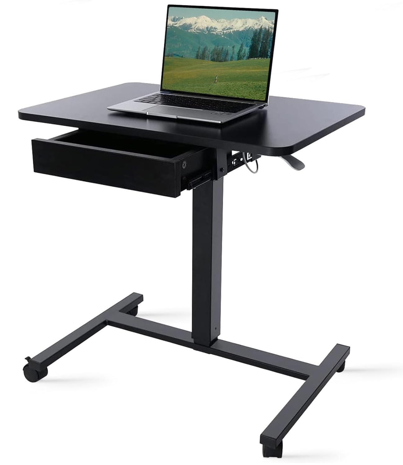 CLATINA Mobile Laptop Standing Desk, Height Adjustable Pneumatic Rolling Sit to Stand Desk Table with Drawer and Lockable Wheels for Home Office, Computer Workstation 71 x 48 cm Round Edge Design