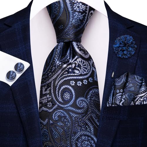 Image of Hi-Tie Men Silk Ties Set with Flower Lapel Pin Necktie Pocket Square Cufflinks for Tuxedo Wedding Business