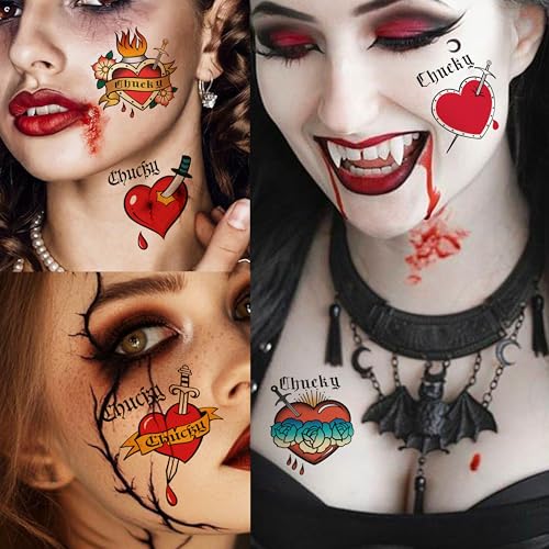 Image of 16 PCS Chucky Heart Tattoos Bride Of Chucky Halloween Temporary Tattoo Sticker, Realistic Fake Bleeding Impaled Heart Chucky Tattoos Halloween Costume Cosplay Party Favor Supplies Rave Accessories