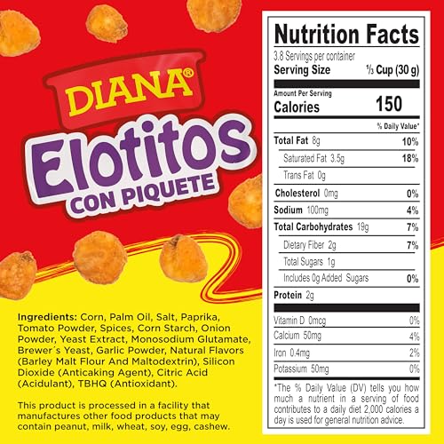 Diana Elotitos Crunchy Corn Kernel Snacks, Spicy Hot Piquete Flavor, 4.05 Oz (Pack of 8)