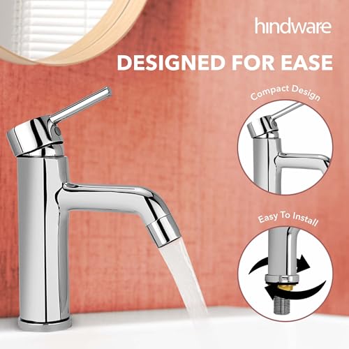 Image of Hindware F280010SCP Single Lever Basin Mixer with Water Saving Feature for Bathroom | Star Rated Product | Made of Brass | Comes with 450-mm Hose | Flora Range | 12-Year Manufacturer Warranty