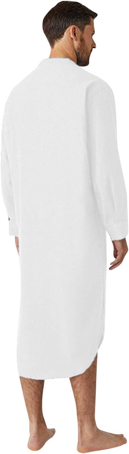 Mens Nightshirt Cotton, Long Sleeve Nightgown Button Down Solid Colour Lightweight Dressing Gown Night Dress Men Muslim Thobes Loungewear Kaftan Muslim Robe