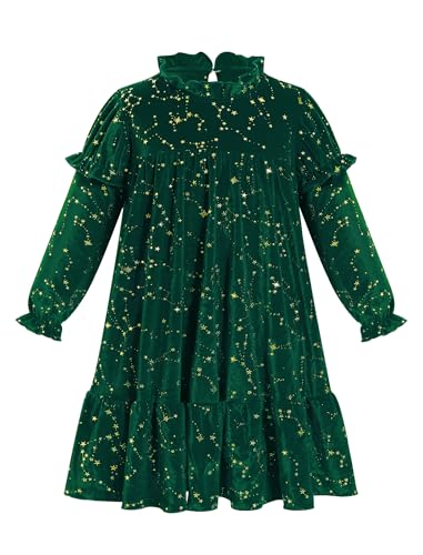 IBAKOM Girl Long Sleeve Sparkly Stars Velvet Dress Toddler High Neck Formal Fall Winter Wedding Birthday Holiday Dresses