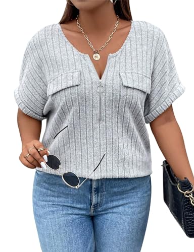 Image of Gemulate Blouses for Women UK Plus Size Women's Plus Size Loose Striped Batwing Sleeve T-shirt Plus Size Jumpers for Women Plus Size Jeans for Women- Light Grey, XXXX-Large
